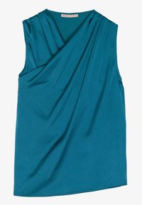 Haut sans manches bleu sarcelle avec détail drapé à l'avant, texture lisse et accents plissés. Encolure ronde et silhouette fluide, fabriqué en tissu léger.