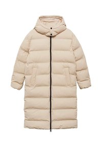 Cappotto puffer beige con cappuccio, motivo trapuntato orizzontale, chiusura con zip frontale e tasche laterali. Zip e dettagli neri.