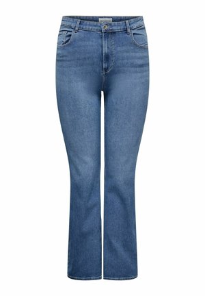 Jean en denim bleu clair avec une taille mi-haute, jambes légèrement évasées, conception à cinq poches et texture légèrement délavée sur le tissu.