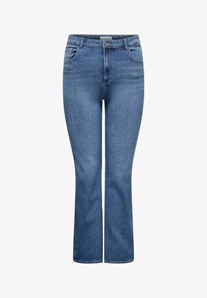 Blugi denim de culoare albastru deschis, cu talie medie, picioare ușor evazate, design cu cinci buzunare și o textură ușor estompată pe întreaga țesătură.