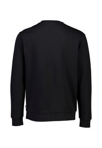 Felpa nera con scollo rotondo, maniche lunghe e polsini a coste. Texture liscia con un colore uniforme e dettagli minimi.