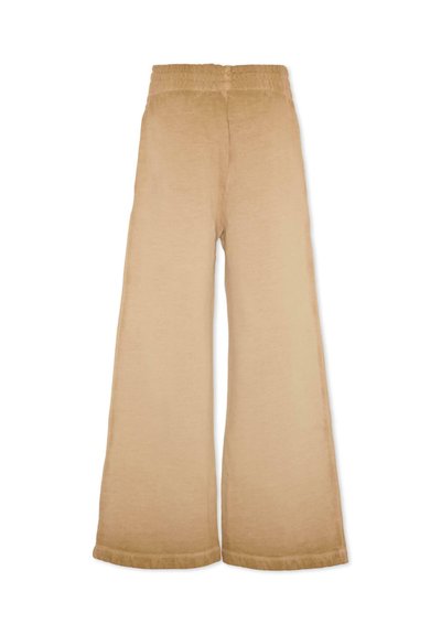 Beige wijde pantalon gemaakt van zachte stof, met een elastische tailleband en een gladde, onopgesmukte textuur.