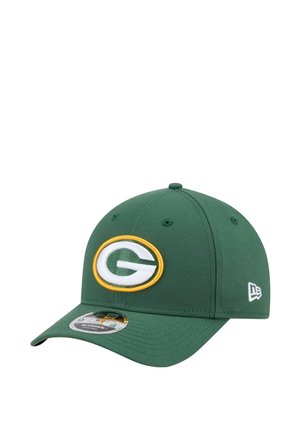 Green cap made of fabric with a rounded crown and curved brim. Features an embroidered white and yellow logo on the front.