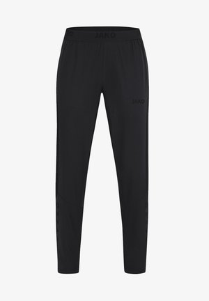 Schwarze Sporthosen aus einem glatten, elastischen Material. Mit einem elastischen Taillenbund und Knopfakzenten an den Seiten.
