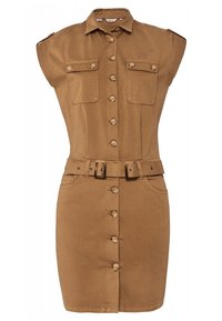 Robe kaki à manches courtes avec devant à boutons, deux poches poitrine et ceinture. Tissu lisse avec une taille cintrée et une jupe longueur genou.