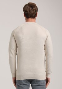 Cremefarbener, strukturierter Pullover mit einem Rautenmuster, gerippten Bündchen und einem klassischen Rundhalsausschnitt. Die Rückansicht zeigt die Ärmeldetails.