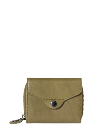 Olive green leather wallet with a snap closure, zip-around design, and a keyring attachment. Smooth texture and minimalist shape.