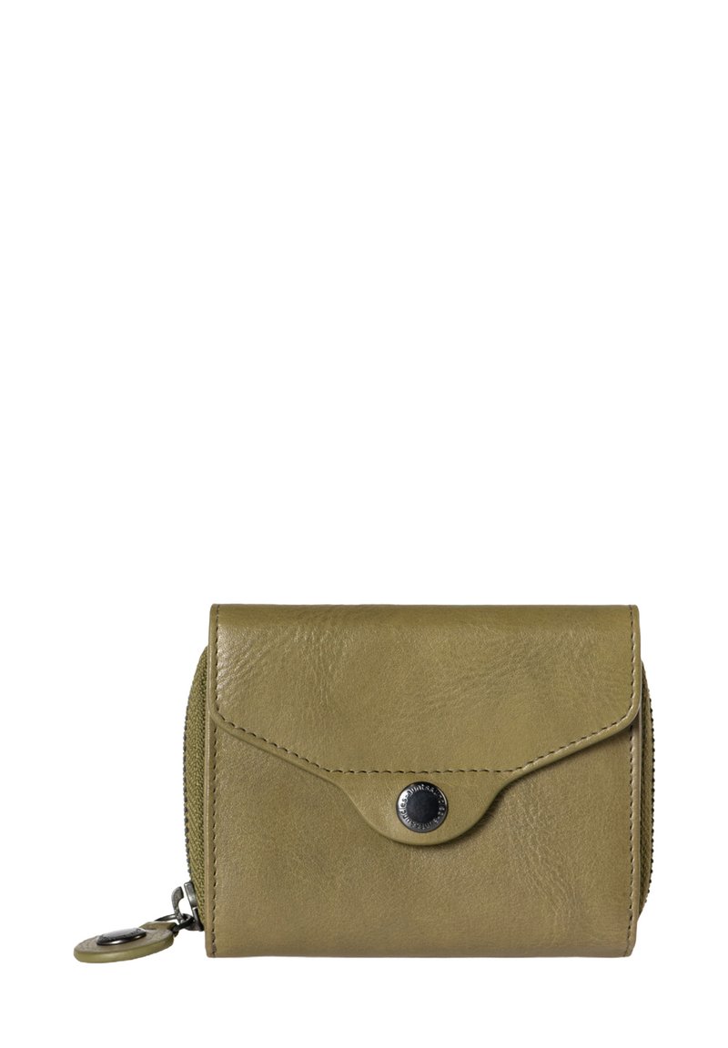 Portafoglio in pelle verde oliva con chiusura a bottone, design zip-around e attacco per portachiavi. Texture liscia e forma minimalista.