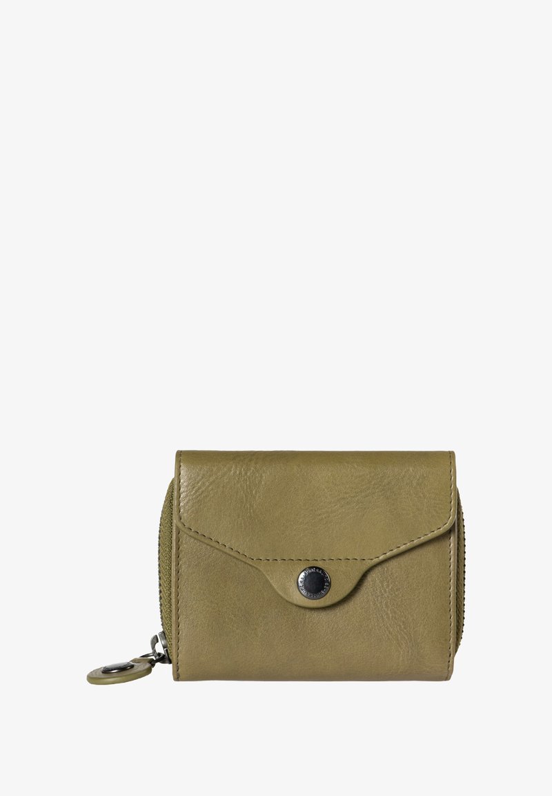 Olive green leather wallet with a snap closure, zip-around design, and a keyring attachment. Smooth texture and minimalist shape.
