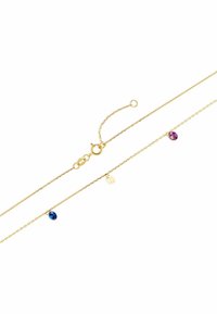 Collana delicata in oro con tre piccoli gemelli a forma di goccia nei colori blu, trasparente e viola, equidistanti lungo la catena.