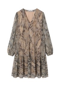 Šaty s hadím vzorom, dlhými rukávmi, výstrihom do V a volánovou vrstvou na leme. Farebná paleta obsahuje odtiene béžovej, hnedej a sivej.