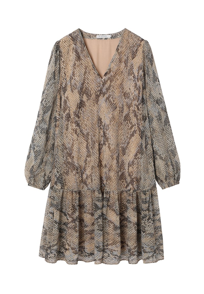 Šaty s hadím vzorom, dlhými rukávmi, výstrihom do V a volánovou vrstvou na leme. Farebná paleta obsahuje odtiene béžovej, hnedej a sivej.