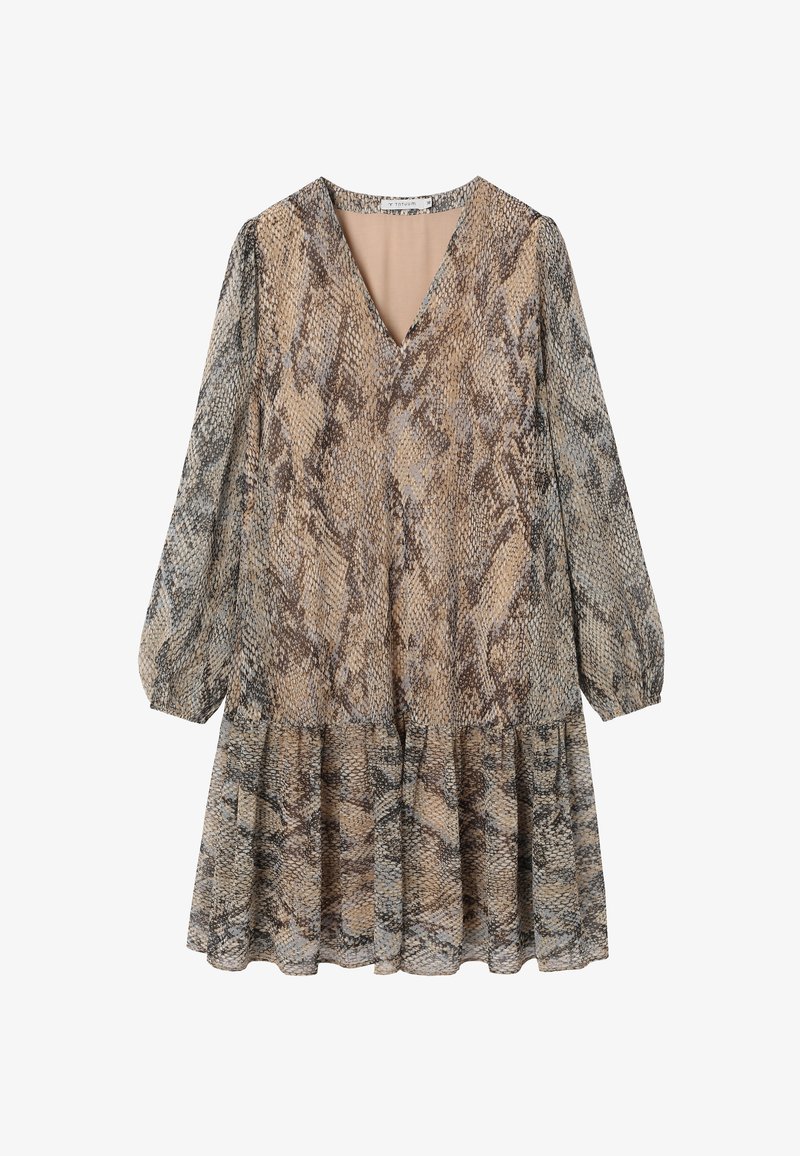 Šaty s hadím vzorom, dlhými rukávmi, výstrihom do V a volánovou vrstvou na leme. Farebná paleta obsahuje odtiene béžovej, hnedej a sivej.