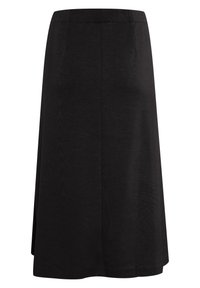 Černá sukně po kolena vyrobená z hladkého materiálu, s jednoduchým nabíraným střihem a elastickým pasem bez zdobení.