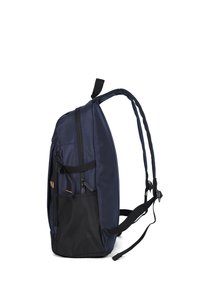 Zaino in tessuto blu navy con base nera, dotato di un comparto principale con zip, tasca frontale con zip e spallacci regolabili.
