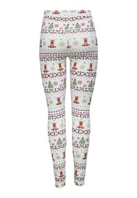 White leggings with a festive pattern of reindeer, Christmas trees, red and green snowflakes, and geometric borders.