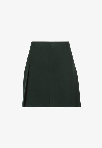 Sötétzöld A-vonalú szoknya texturált anyagból, oldalsó redővel és tiszta derékrésszel. Alkalmas mindennapi és elegáns viseletre.