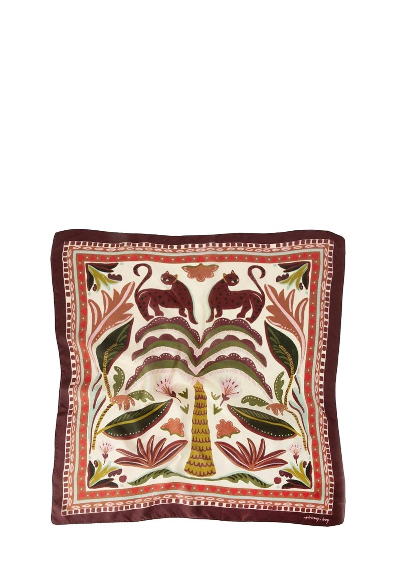 Vierkante zijden sjaal met een crème achtergrond, kleurrijke blad- en bloemmotieven, twee bruinige katten en een kastanjebruine rand.