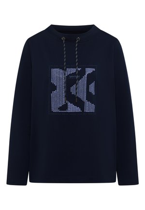 Marine sweatshirt met een trekkoordcapuchon, voorzien van een geometrische print in lichtere tinten en een tekstgrafiek in het midden. Zacht materiaal.