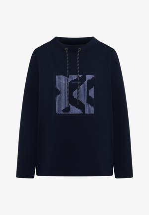 Navy sweatshirt with a drawstring hood, featuring a geometric print in lighter shades and a text graphic in the center. Soft material.
