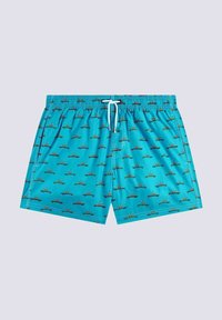 Costume da bagno turchese con un motivo ripetuto di barche a vela. Realizzato in materiale leggero, presenta una vita elasticizzata e un cordoncino.