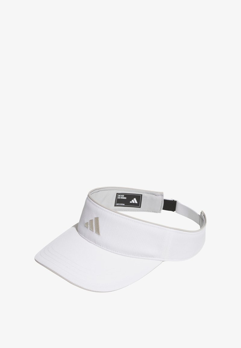 Λευκό καπέλο με γείσο από διαπνέον υλικό, με ευρύ γείσο, ρυθμιζόμενο λουράκι και τρεις διαγώνιες ρίγες σε ανοιχτό γκρι στο μπροστινό μέρος.