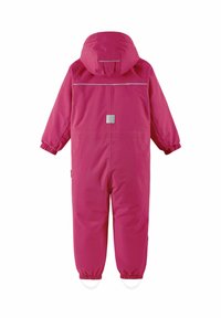 Tuta da neve impermeabile rosa con cappuccio, polsini elastici e dettagli riflettenti sulla schiena. Presenta un patch con logo sulla parte bassa della schiena.