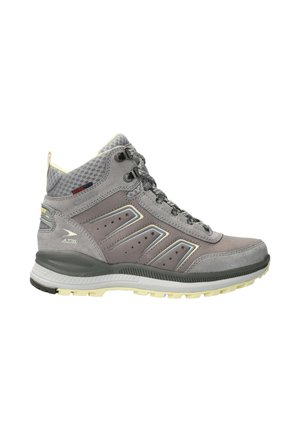 Botte de randonnée montante gris et beige avec fermeture à lacets, soutien rembourré de la cheville et semelle à crampons robustes pour une utilisation en extérieur.