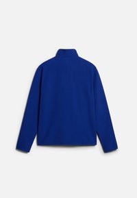 Blauwe fleece pullover met een hoge kraag, met lange mouwen en een rechte snit. Zachte textuur en geen zichtbare versieringen.