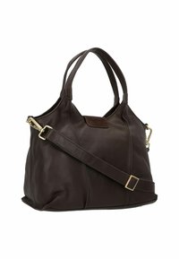 Borsa in pelle marrone con due manici corti e una tracolla removibile. Presenta una texture liscia e dettagli di cucitura sottili.