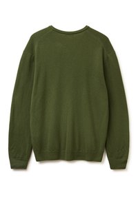 Ciemnozielony sweter z długim rękawem i okrągłym dekoltem, z prążkowanymi mankietami i dolnym wykończeniem, pokazany z tyłu na białym tle.