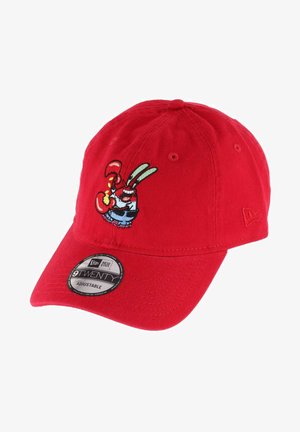 Rote Baseballkappe aus Baumwolle mit verstellbarem Riemen, auf der Vorderseite mit gesticktem Hummerdesign und einem gebogenen Schirm.