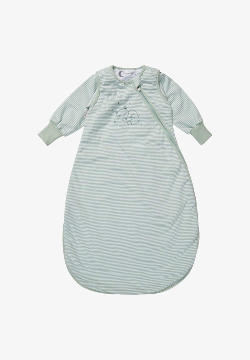 Grün-weiß gestreifter Babyschlafsack mit langen Ärmeln, einem Reißverschluss vorne und einem Fuchsdesign auf der Brust. Weicher Stoff.