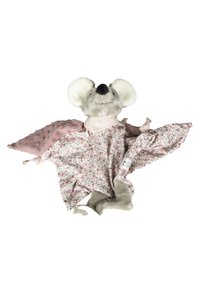 Plüschmaus-Spielzeug mit einem grauen, weichen Körper, großen Ohren und floral gemustertem Stoff. Verfügt über einen strukturierten, rosa Rücken mit Dellen und einem rosa Halstuch.