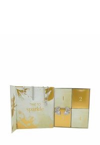 Sieraden adventskalender met een gouden en witte design, met vier compartimenten gemarkeerd met nummers, gevuld met verschillende sieraden.