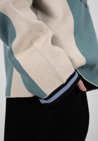 Pulover tricotat cu mâneci lungi, cu blocuri de culoare bej și verde-albăstrui și manșete bleumarin cu dungi bleu, purtat împreună cu pantaloni negri.