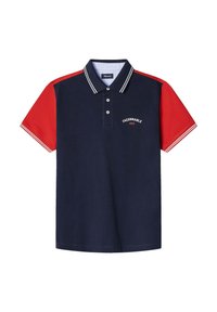 Polo azul marino con mangas cortas rojas, acentos blancos y tapeta de tres botones. Presenta el logo "FACONNABLE 1950" en el pecho.
