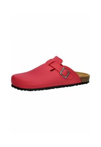 Red clogs with a smooth synthetic upper, adjustable silver buckle, cork footbed, and textured black outsole. Designed for comfort and durability.