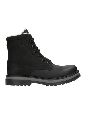 Bottines à lacets noires en cuir, dotées d'une doublure douce, d'une semelle robuste et d'un bout renforcé. Design minimaliste sans accents supplémentaires.