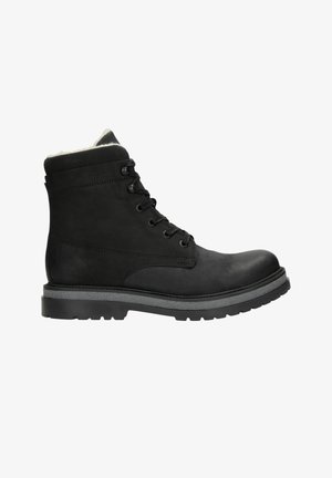Stivali alla caviglia neri con lacci, realizzati in pelle, con una morbida fodera, suola robusta e punta rinforzata. Design minimalista senza ulteriori dettagli.