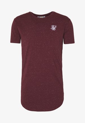 Maglietta bordeaux a maniche corte con motivo screziato, piccolo logo bianco ricamato sul petto a sinistra e orlo arrotondato.