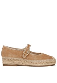Scarpa Mary Jane in suede marrone con cinturino e fibbia dorata, con suola in stile espadrille intrecciata e punta arrotondata.