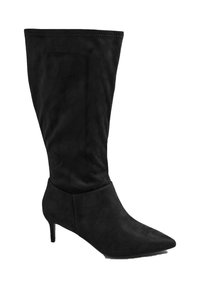 Stivaletto nero alla caviglia in finta pelle scamosciata, con punta affilata, gambale aderente e tacco kitten. Texture liscia con design senza cuciture.