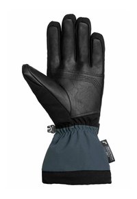 Schwarzer Lederhandschuh mit schlankem Design, ausgestattet mit einem weichen blauen Gummibund am Handgelenk und einem verstellbaren Riemen für einen sicheren Sitz.