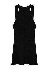 Robe noire sans manches avec un col haut, réalisée en tissu côtelé, présentant un corsage ajusté et une jupe évasée.