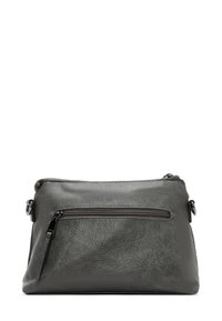 Gray leather bag with a textured finish, featuring a front zip pocket and top zipper closure. Compact rectangular shape.