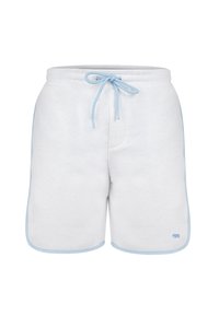 Pantalones cortos de algodón blancos con detalles en azul claro, que presentan una cinturilla con cordón y costuras laterales. Incluye un pequeño logo azul en el dobladillo inferior.