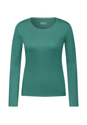 Maglia a maniche lunghe in teal, realizzata in tessuto morbido e liscio. Presenta un collo rotondo e una silhouette aderente. Design semplice senza fantasie.