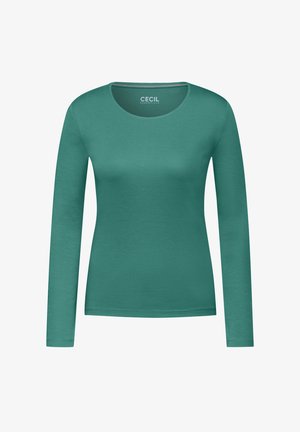 Maglia a maniche lunghe in teal, realizzata in tessuto morbido e liscio. Presenta un collo rotondo e una silhouette aderente. Design semplice senza fantasie.