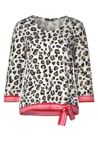 Leopardmönstrad topp med rund halsringning, trekvartslånga ärmar och rödrandig nederkant. Tillverkad av ett mjukt tyg, prydd med en knutdetalj.